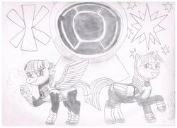 Size: 1024x745 | Tagged: safe, artist:alphamonouryuuken, twilight sparkle, oc, oc:starburst, alicorn, pony, g4, female, green lantern, mare, monochrome, mother and daughter, offspring, parent:flash sentry, parent:twilight sparkle, parents:flashlight, pencil drawing, ring, sinestro corps, sketch, traditional art, twilight sparkle (alicorn)