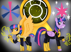 Size: 1024x745 | Tagged: safe, artist:marukouhai, twilight sparkle, oc, oc:starburst, alicorn, pony, g4, female, green lantern, like mother like daughter, like parent like child, mare, monochrome, mother and daughter, offspring, parent:flash sentry, parent:twilight sparkle, parents:flashlight, ring, sinestro corps, twilight sparkle (alicorn)