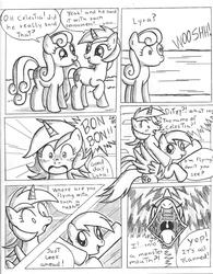 Size: 1360x1747 | Tagged: safe, artist:quarium, bon bon, derpy hooves, lyra heartstrings, sweetie drops, pegasus, pony, g4, comic, female, mare, monochrome