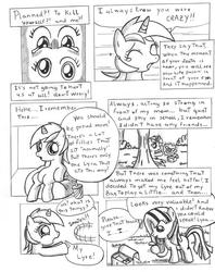 Size: 1329x1678 | Tagged: safe, artist:quarium, derpy hooves, lyra heartstrings, oc, pegasus, pony, unicorn, g4, comic, female, mare, monochrome