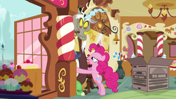 Size: 1280x720 | Tagged: safe, screencap, discord, pinkie pie, draconequus, earth pony, pony, g4, make new friends but keep discord, box, candy, candy cane, cardboard box, cupcake, female, food, male, mare, out of context, sugarcube corner