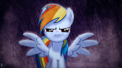 Size: 3840x2160 | Tagged: safe, artist:mrcbleck, artist:robertco0per, rainbow dash, pegasus, pony, g4, angry, dark, female, high res, looking at you, mare, ponyville, rain, solo, vector, wallpaper