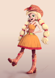 Size: 850x1200 | Tagged: safe, artist:assasinmonkey, applejack, human, equestria girls, friendship through the ages, g4, my little pony equestria girls: rainbow rocks, country applejack, female, open mouth, open smile, sleeveless, smiling, solo