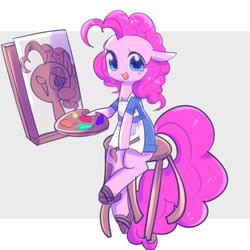 Size: 1024x1024 | Tagged: safe, artist:kkuyo, pinkie pie, earth pony, pony, g4, 30 minute art challenge, canvas, clothes, cute, diapinkes, female, floppy ears, mare, open mouth, painting, palette, sitting, solo