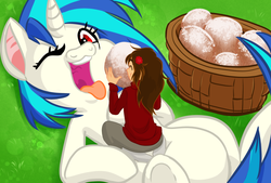 Size: 1280x866 | Tagged: safe, artist:nyum-nums, dj pon-3, vinyl scratch, human, pony, g4, belly, cute, feeding, feeding ponies, giant pony, open mouth, size difference, tongue out, wrong eye color