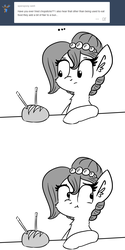 Size: 1280x2565 | Tagged: safe, artist:tjpones, oc, oc only, oc:brownie bun, horse wife, ..., ask, bread, chopsticks, food, monochrome, solo, tumblr, unsure, you're doing it wrong