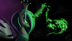 Size: 1944x1111 | Tagged: safe, artist:zigword, queen chrysalis, changeling, changeling queen, g4, bust, crown, female, glowing horn, horn, jewelry, magic, portrait, profile, regalia, solo
