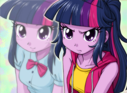 Size: 1583x1158 | Tagged: safe, artist:uotapo, edit, sci-twi, twilight sparkle, equestria girls, friendship games, angry, blushing, clothes, colored pupils, cute, duality, female, frown, glare, smiling, twiabetes, twilight sparkle (alicorn), twolight