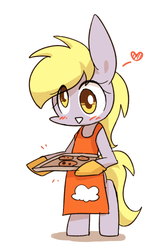 Size: 800x1200 | Tagged: safe, artist:joycall6, derpy hooves, pegasus, pony, g4, apron, bipedal, blushing, clothes, cookie, female, heart, hoof hold, mare, oven mitts, simple background, solo, white background