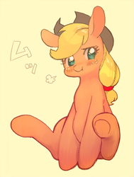 Size: 789x1043 | Tagged: safe, artist:hotomura, applejack, earth pony, pony, g4, blushing, female, mare, scrunchy face, simple background, sitting, solo