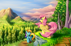 Size: 5100x3300 | Tagged: safe, artist:grennadder, fluttershy, rainbow dash, pegasus, pony, g4, absurd resolution, backwards cutie mark, butt, cute, dashabetes, duo, duo female, featured image, female, flutterbutt, forest, grass, looking up, mare, mountain, open mouth, plot, scenery, scenery porn, shyabetes, sky, smiling, tree, wind