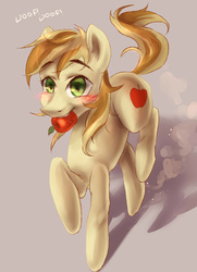 Size: 2343x3244 | Tagged: safe, artist:my-magic-dream, braeburn, g4, apple, behaving like a dog, braebetes, cute, hatless, high res, male, missing accessory, mouth hold, needs more jpeg, solo