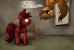Size: 1280x871 | Tagged: safe, artist:marsminer, oc, oc only, oc:mars miner, oc:venus spring, earth pony, pony, braces, couch, dialogue, dilated pupils, drugs, eye contact, female, floppy ears, frown, hallucination, looking at each other, lsd, male, mare, marspring, speech bubble, stallion, upside down, wat, wavy mouth, wide eyes, worried