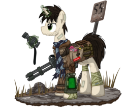 Size: 3500x3000 | Tagged: safe, artist:template93, pinkie pie, oc, oc:template, earth pony, pony, unicorn, fallout equestria, g4, bags, bandage, binoculars, clothes, diorama, dirty, fanfic, fanfic art, female, glowing horn, gun, high res, hooves, horn, levitation, magic, male, mare, mini nuke, minigun, ministry mares, nuka cola, pipbuck, plushie, saddle bag, scarf, solo, speed sign, stallion, telekinesis, weapon