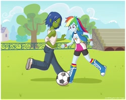 Size: 1280x1021 | Tagged: safe, artist:rapps, rainbow dash, oc, oc:rally flag, equestria girls, g4, clothes, fence, football, ship:rallydash, skirt, stands, tree