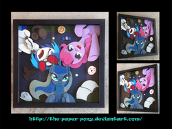 Size: 1280x958 | Tagged: safe, artist:the-paper-pony, dj pon-3, pinkie pie, princess luna, vinyl scratch, g4, book, commission, craft, irl, photo, shadowbox