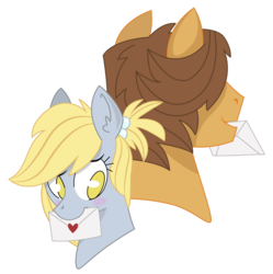 Size: 955x957 | Tagged: safe, artist:dbkit, derpy hooves, hoops, pegasus, pony, g4, alternate hairstyle, blush sticker, blushing, bust, ditzyhoops, duo, female, letter, mare, mouth hold, pen pals, simple background, transparent background