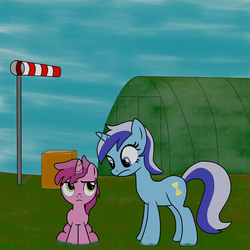 Size: 1500x1500 | Tagged: safe, artist:samey90, minuette, ruby pinch, pony, unicorn, g4, airport, box, fanfic art, female, filly, hangar, mare