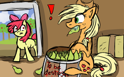 Size: 1024x640 | Tagged: safe, artist:ashtrol, apple bloom, applejack, earth pony, pony, g4, barrel, caught, colored sketch, dishonorapple, eating, fruit heresy, herbivore, heresy, hilarious in hindsight, pear, pearesy, pearjack, pearlarious in hindsight
