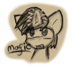 Size: 540x496 | Tagged: safe, artist:zutcha, oc, oc only, oc:lonely day, pony, unicorn, fanfic:the last pony on earth, ponies after people, bust, clothes, female, gloves, glowing horn, horn, magic, mare, open mouth, portrait, race swap, solo, text