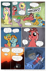 Size: 1300x2000 | Tagged: safe, artist:smudge proof, fluttershy, snails, snips, spike, oc, oc:tails, dog, comic:heads and tails, g4, bed, cabin, carpet, comic, forest, hospital, patreon, present, sunset, towel, wet