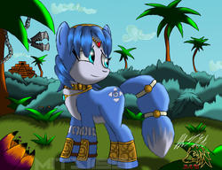 Size: 2791x2148 | Tagged: safe, artist:mitsi1991, fox, fox pony, hybrid, pony, armor, crossover, female, flower, headdress, high res, jewelry, jungle, krystal, looking back, mare, nature, necklace, nintendo, palm tree, ponified, smiling, solo, star fox, star fox adventures, tree, vixen, watermark