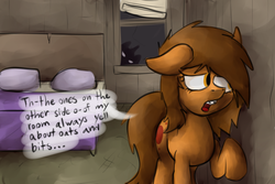 Size: 1280x853 | Tagged: safe, artist:marsminer, oc, oc only, oc:venus spring, pony, unicorn, apartment, bed, braces, comic, cutie mark, female, floppy ears, hooves, mare, open mouth, pillow, shadow, solo focus, teeth, window