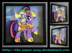 Size: 1600x1186 | Tagged: safe, artist:the-paper-pony, spike, twilight sparkle, dragon, pony, unicorn, g4, armor, commission, craft, dragons riding ponies, duo, female, helmet, irl, lance, male, mare, photo, ponytail, riding, shadowbox, spear, spike riding twilight, unicorn twilight, weapon