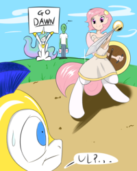 Size: 800x1000 | Tagged: safe, artist:[redacted], princess celestia, oc, oc:anon, oc:dawn, satyr, g4, first aid kit, gulp, offspring, parent:princess celestia, royal guard, shield, sign, sword, this will end in pain