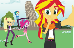 Size: 2000x1300 | Tagged: safe, artist:eninejcompany, applejack, pinkie pie, rainbow dash, sunset shimmer, equestria girls, g4, forced perspective, italy, leaning tower of pisa, midriff, selfie