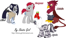 Size: 1024x601 | Tagged: safe, artist:shinta-girl, oc, oc only, oc:compass, oc:kristin, oc:mind, fruit bat, griffon, zebra, group