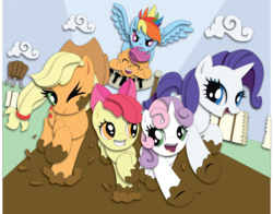 Size: 3054x2400 | Tagged: safe, artist:the-paper-pony, apple bloom, applejack, rainbow dash, rarity, scootaloo, sweetie belle, g4, commission, cutie mark crusaders, high res, mud, shadowbox