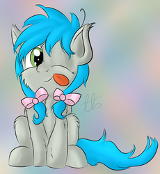 Size: 2422x2630 | Tagged: safe, artist:laptopbrony, oc, oc only, oc:darcy sinclair, :p, bow, cute, fluffy, hair bow, high res, looking at you, sitting, solo, tongue out, wink