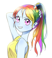 Size: 800x900 | Tagged: safe, artist:quizia, rainbow dash, equestria girls, g4, alternate hairstyle, armpits, clothes, female, grin, hair ornament, looking at you, looking back, ponytail, shirt, simple background, smiling, smirk, solo, tank top, white background