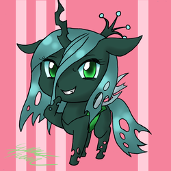 Size: 1024x1023 | Tagged: safe, artist:midnameowfries, queen chrysalis, changeling, changeling queen, g4, chibi, crown, cute, cutealis, female, grin, jewelry, looking at you, regalia, smiling, solo