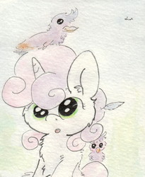 Size: 681x831 | Tagged: safe, artist:slightlyshade, sweetie belle, bird, pony, unicorn, g4, cute, feather, open mouth, traditional art, wingding eyes