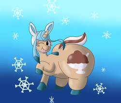 Size: 1280x1086 | Tagged: safe, artist:askchubbytwilight, oc, oc only, oc:hot fudge, glaceon, pony, butt, chubby, clothes, cosplay, impossibly large butt, plot, pokémon, solo, tongue out, wink