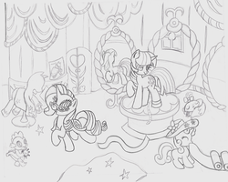 Size: 1280x1024 | Tagged: safe, artist:the-paper-pony, opalescence, rarity, spike, sweetie belle, twilight sparkle, g4, commission, lineart, monochrome