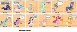 Size: 1536x643 | Tagged: safe, artist:vincentthecrow, applejack, derpy hooves, fluttershy, lyra heartstrings, maud pie, pinkie pie, princess celestia, princess luna, rainbow dash, rarity, spike, twilight sparkle, alicorn, dragon, earth pony, pegasus, pony, g4, barcode, book, bronybait, choice, dilemma, female, male, mane seven, mane six, mare, pick one, ponies for sale, preening, price tag, puppy dog eyes, signs, sitting, speech bubble, talking, talking to viewer, thought bubble, twilight sparkle (alicorn)