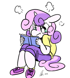 Size: 500x555 | Tagged: safe, artist:rwl, sweetie belle, anthro, g4, angry, blushing, book, cute, grumpy belle, reading