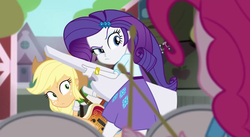 Size: 853x469 | Tagged: safe, screencap, applejack, pinkie pie, rarity, equestria girls, g4, my little pony equestria girls: rainbow rocks, drums, faic, glare, keytar, musical instrument