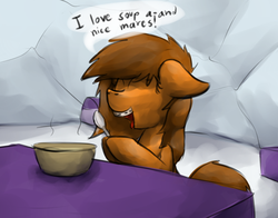 Size: 1280x1002 | Tagged: safe, artist:marsminer, oc, oc only, oc:venus spring, ask, braces, cute, eyes closed, floppy ears, happy, hoof hold, open mouth, smiling, solo, soup, spoon, that pony sure does love soup, tumblr, venus spring actually having a pretty good time