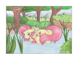 Size: 1200x927 | Tagged: safe, artist:michael thompson, fluttershy, g4, bush, cattails, color, female, looking at you, pencil drawing, pond, reeds, solo, tail, traditional art, tree, water