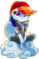 Size: 648x972 | Tagged: safe, artist:supermare, rainbow dash, anthro, g4, ambiguous facial structure, beanie, clothes, cloud, crossover, cute, delsin rowe, female, hat, infamous, infamous second son, sitting, solo, video game