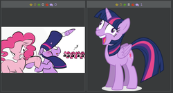 Size: 518x277 | Tagged: safe, artist:hattsy, artist:tomfraggle, derpibooru exclusive, pinkie pie, twilight sparkle, alicorn, pony, derpibooru, g4, abuse, angry, camera, clone, derp, exploitable meme, faic, fake horn, female, flockmod, hoers, horn, horn extensions, i didn't listen, image macro, injured, juxtaposition, juxtaposition win, mare, meme, meta, paparazzi, slap, twilight sparkle (alicorn), twilybuse