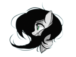 Size: 2570x1921 | Tagged: safe, artist:tingkoyy, oc, oc only, pony, black mane, bust, female, gray coat, grayscale, green eyes, looking sideways, mare, monochrome, partial color, portrait, simple background, smiling, solo, white background, windswept mane