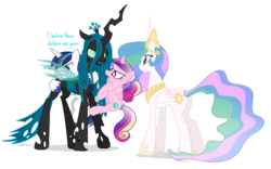 Size: 1140x710 | Tagged: safe, artist:dm29, princess cadance, princess celestia, queen chrysalis, shining armor, alicorn, pony, unicorn, g4, angry, biting, colt, cute, cutedance, female, filly, foal, madorable, male, shining adorable, simple background, transparent background, younger