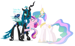 Size: 1140x710 | Tagged: safe, artist:dm29, princess cadance, princess celestia, queen chrysalis, shining armor, alicorn, changeling, changeling queen, pony, unicorn, g4, angry, biting, colt, cute, cutedance, female, filly, foal, madorable, male, mare, shining adorable, simple background, transparent background, younger