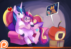 Size: 850x584 | Tagged: safe, artist:ende26, princess cadance, shining armor, g4, couch, cuddling, cute, cutedance, female, frown, gritted teeth, hug, male, missing accessory, patreon, prone, scared, shining adorable, ship:shiningcadance, shipping, sitting, smiling, snuggling, straight, sweatdrop, television