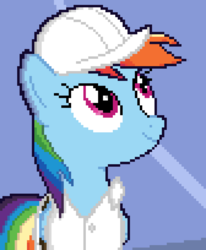 Size: 840x1020 | Tagged: safe, artist:rainbowkek, rainbow dash, pegasus, pony, g4, tanks for the memories, clothes, female, looking up, pixel art, solo, weather factory uniform